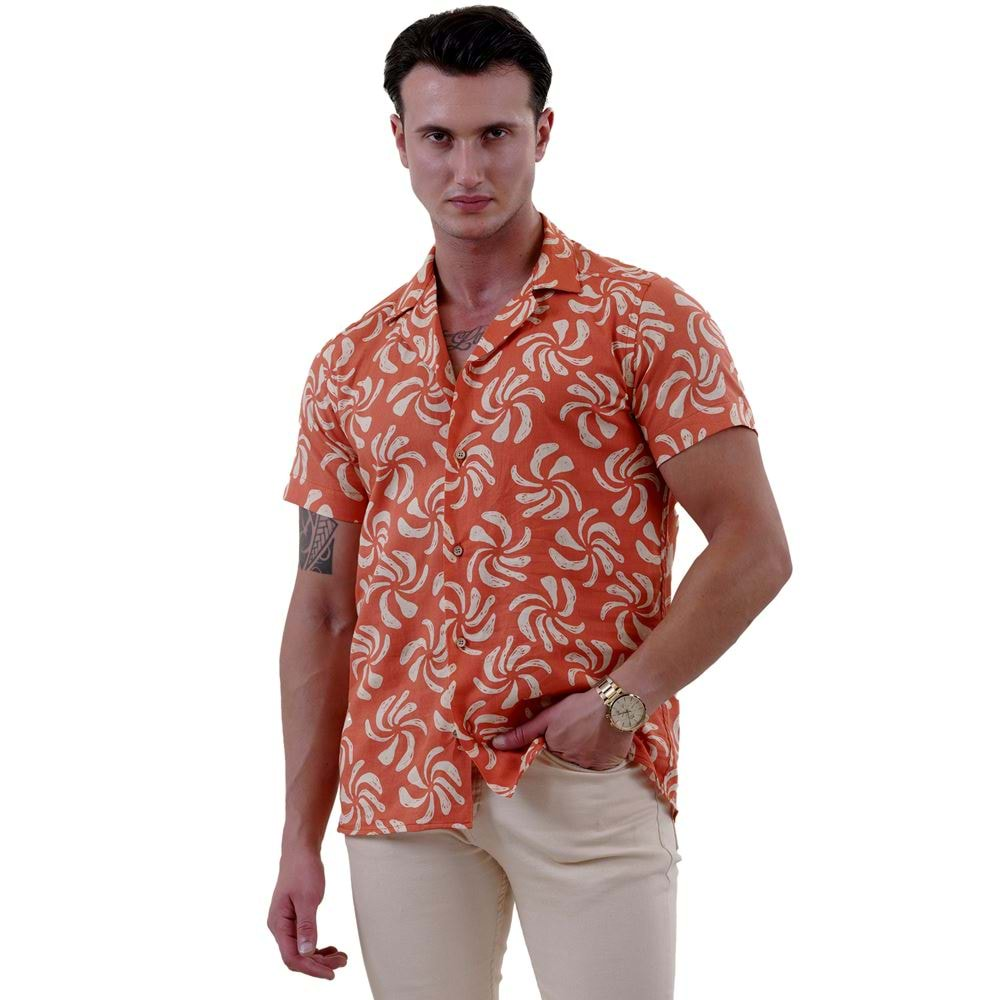 Orange and Beige Floral Men's Hawaiian Summer Shirt