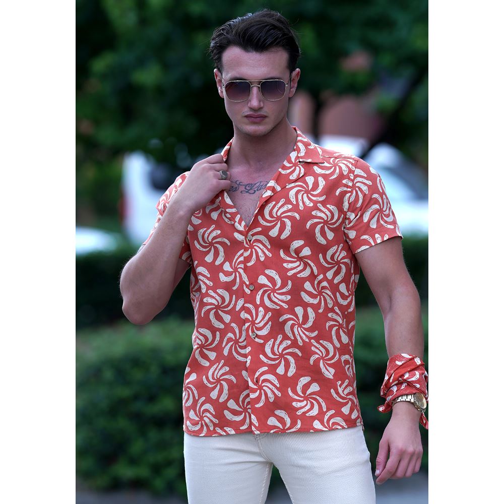 Orange and Beige Floral Men's Hawaiian Summer Shirt