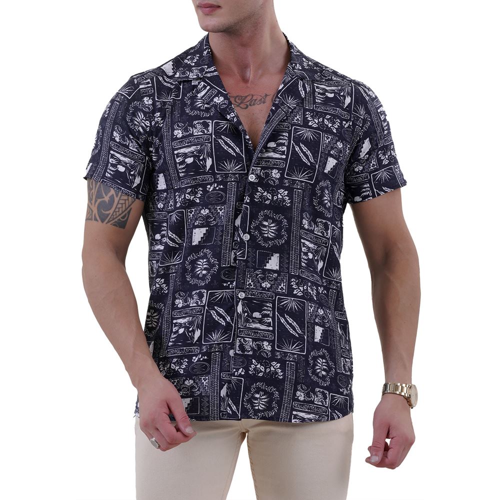 Navy White Printed Men's Hawaiian Summer Shirt