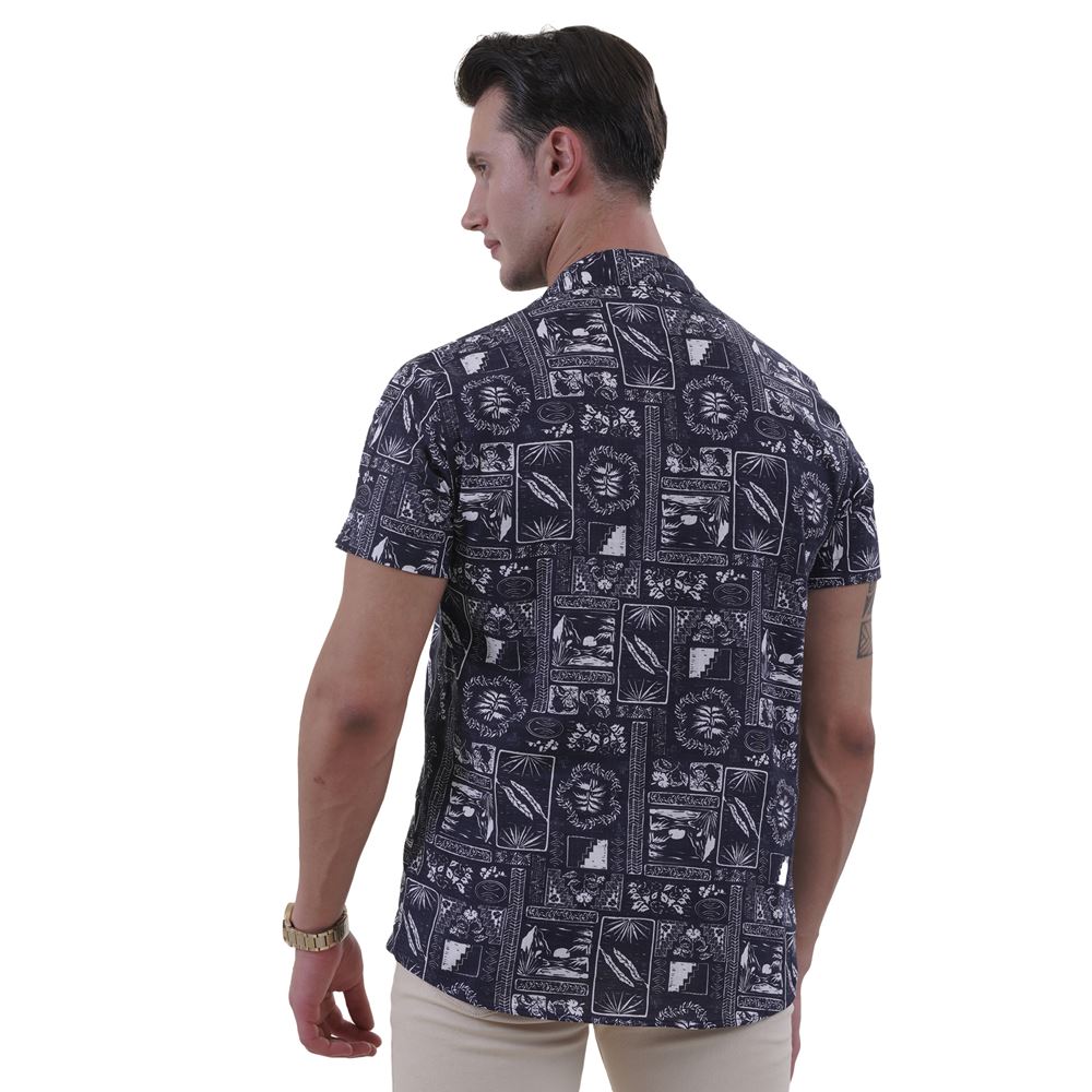 Navy White Printed Men's Hawaiian Summer Shirt