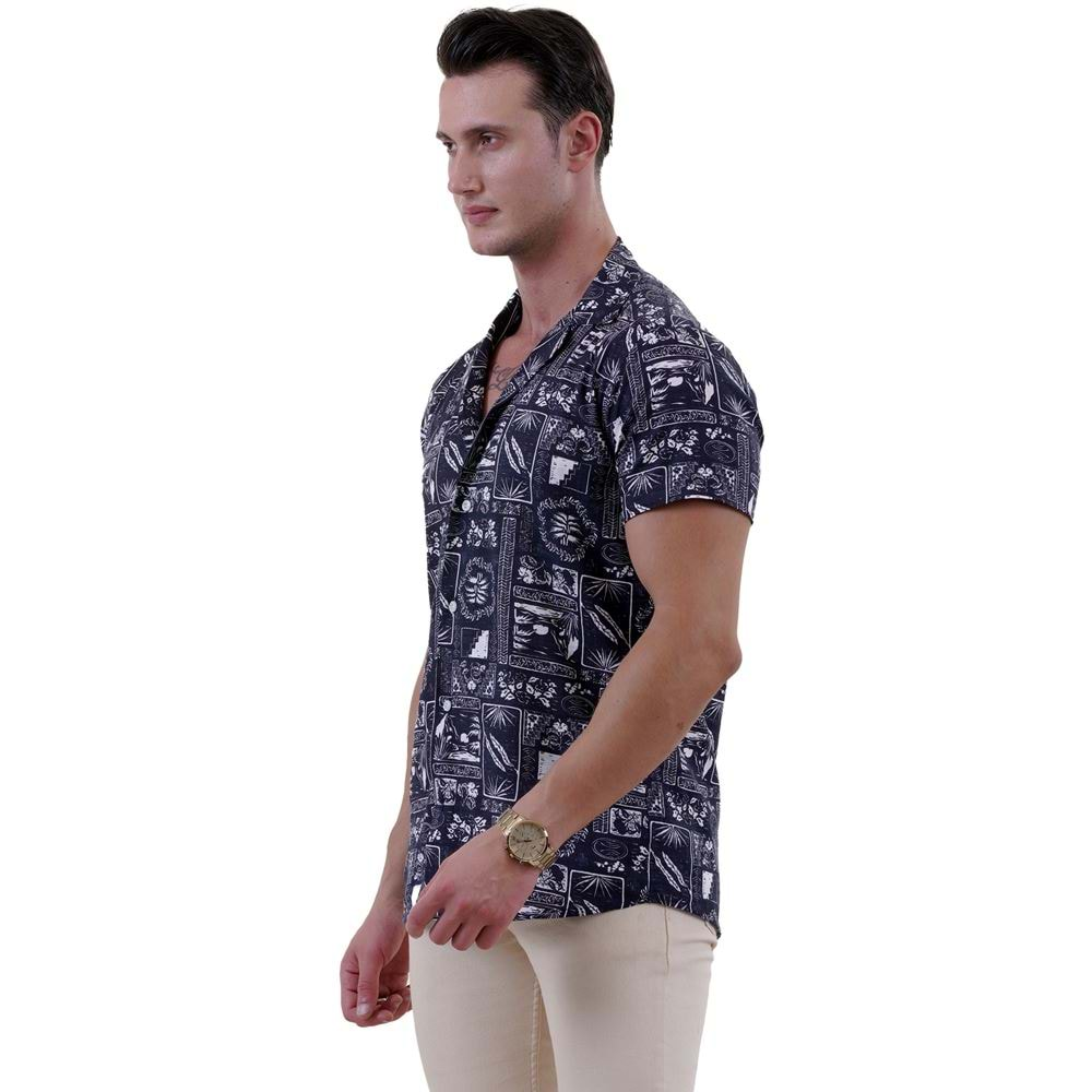 Navy White Printed Men's Hawaiian Summer Shirt