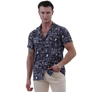 Navy White Printed Men's Hawaiian Summer Shirt