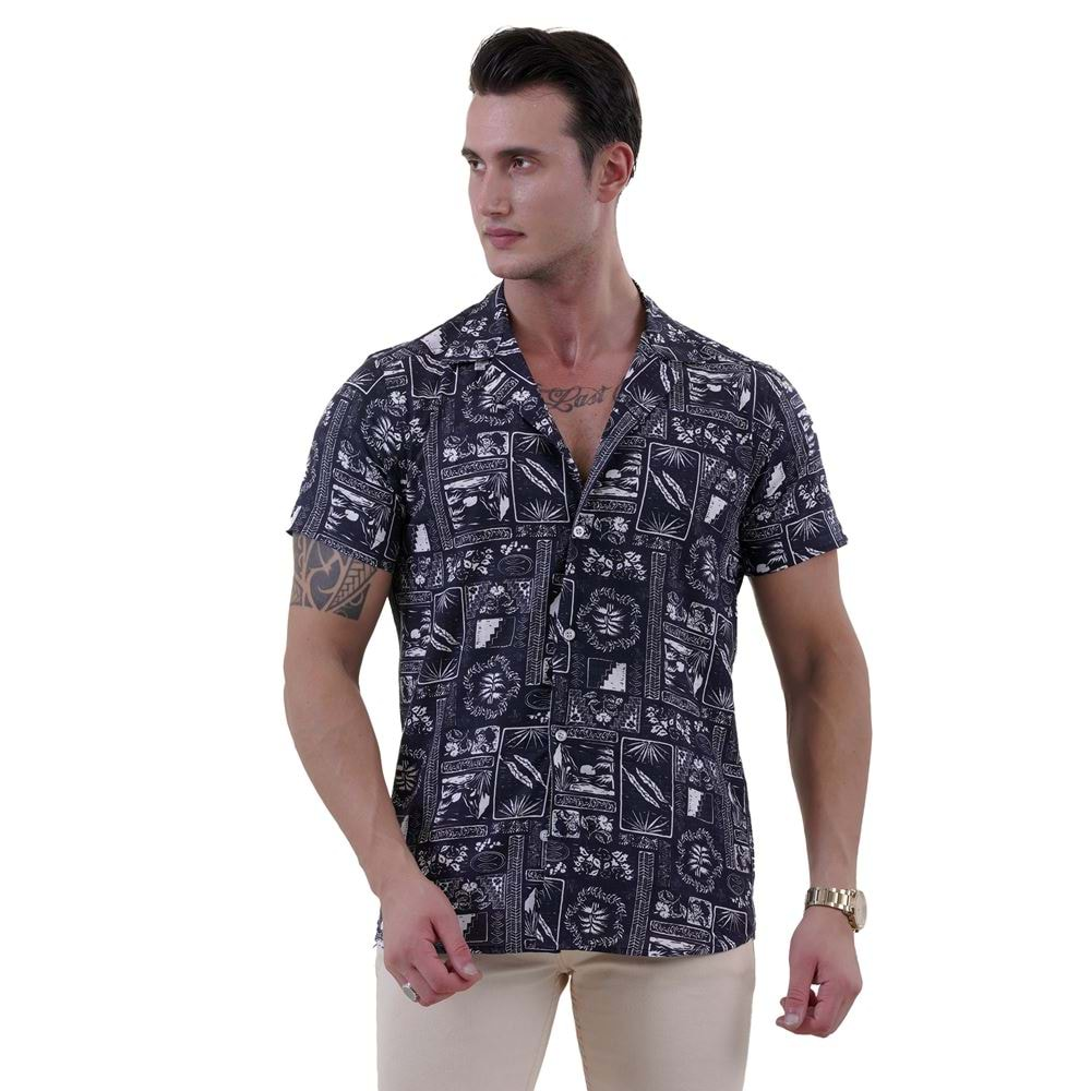 Navy White Printed Men's Hawaiian Summer Shirt