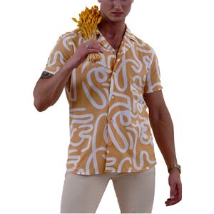 Yellow White Abstract Men's Hawaiian Summer Shirt