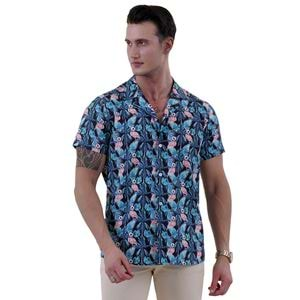 Green Blue Hawaiian with Flamingo Men's Hawaiian Summer Shirt