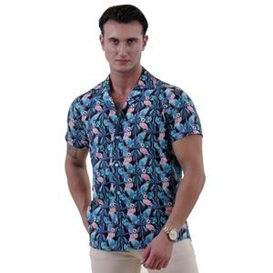 Green Blue Hawaiian with Flamingo Men's Hawaiian Summer Shirt