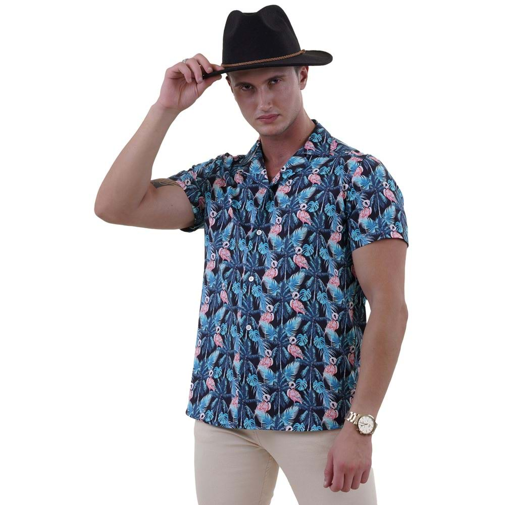 Green Blue Hawaiian with Flamingo Men's Hawaiian Summer Shirt