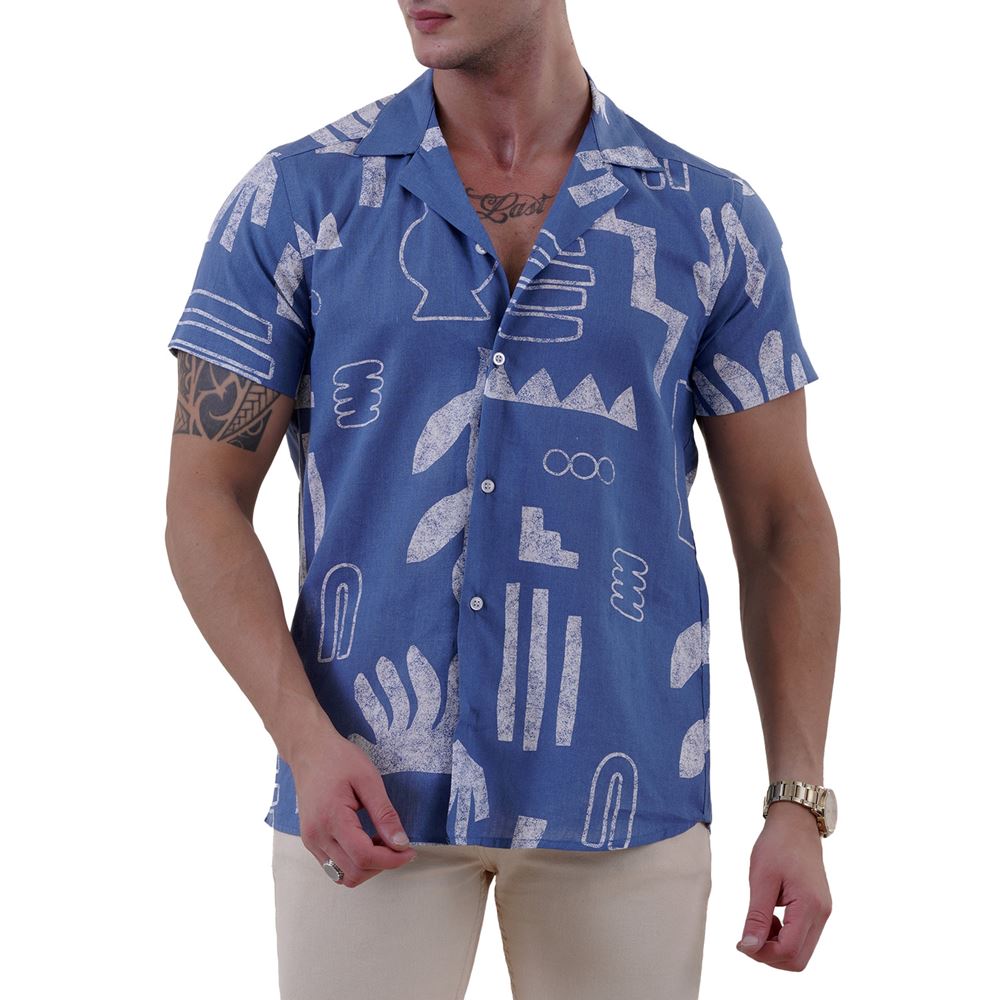 Blue White Ethnic Men's Hawaiian Summer Shirt