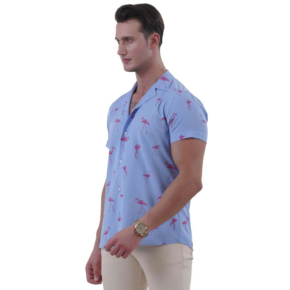 Blue and Pinkish Flamengo Men's Hawaiian Summer Shirt