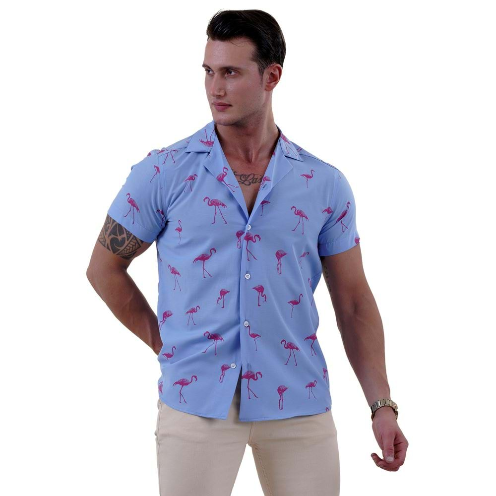 Blue and Pinkish Flamengo Men's Hawaiian Summer Shirt