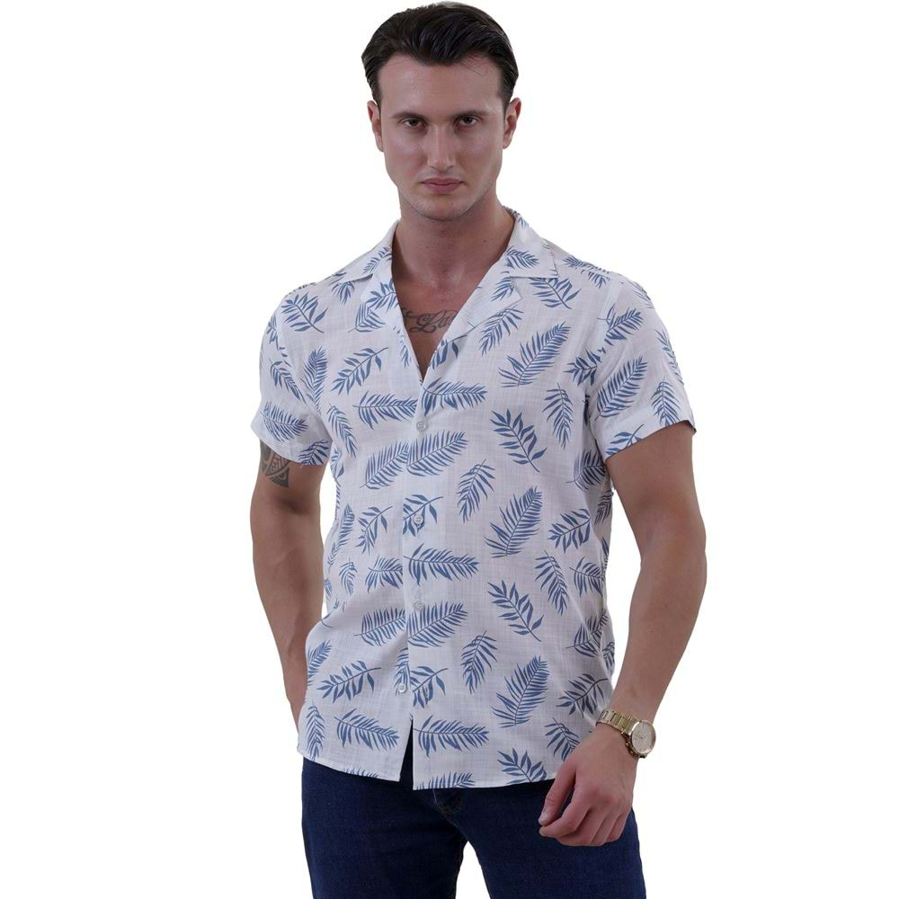 Turquoise Hawaiian on White Men's Hawaiian Summer Shirt