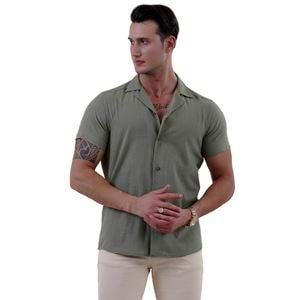 Khaki Green Linen Men's Hawaiian Summer Shirt