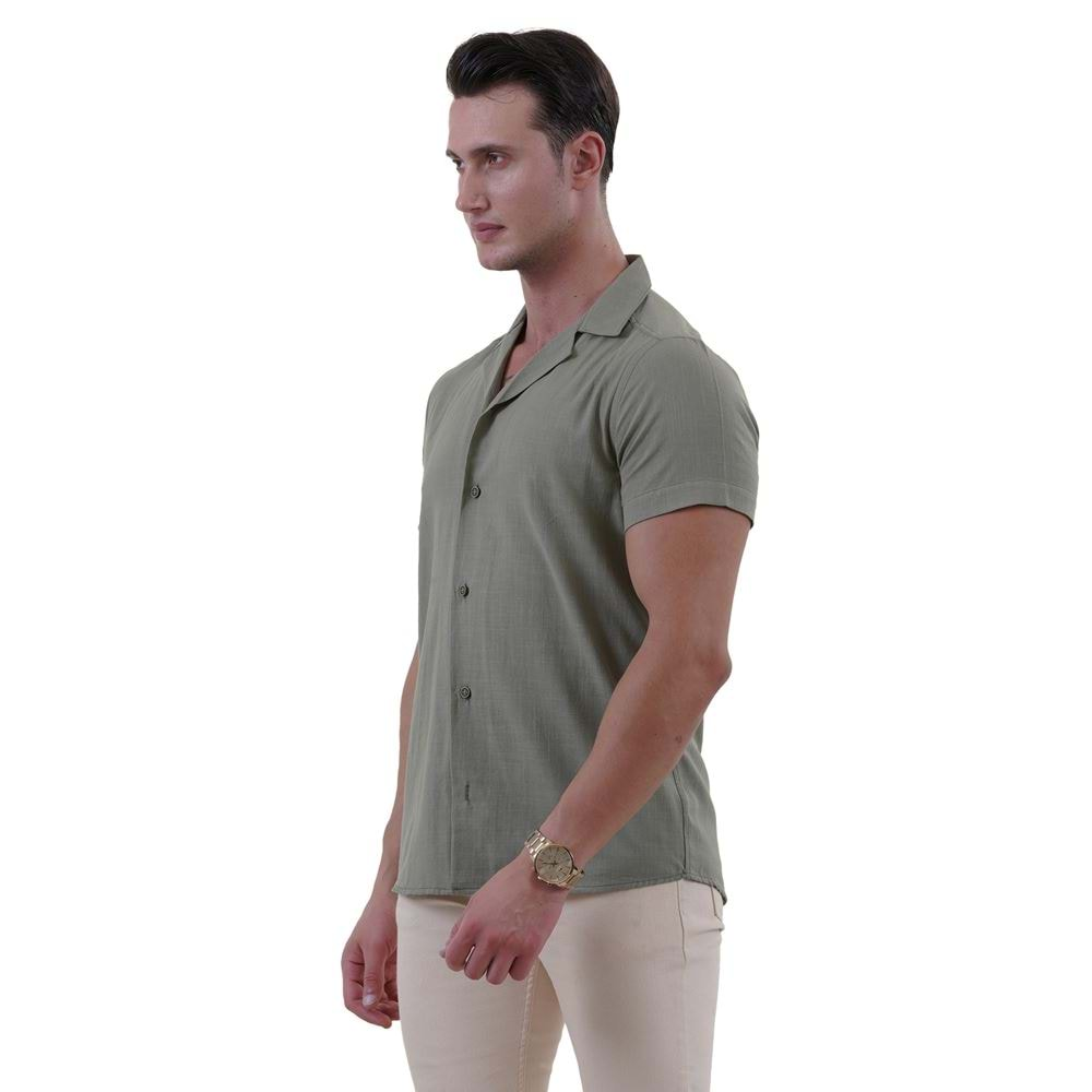 Khaki Green Linen Men's Hawaiian Summer Shirt