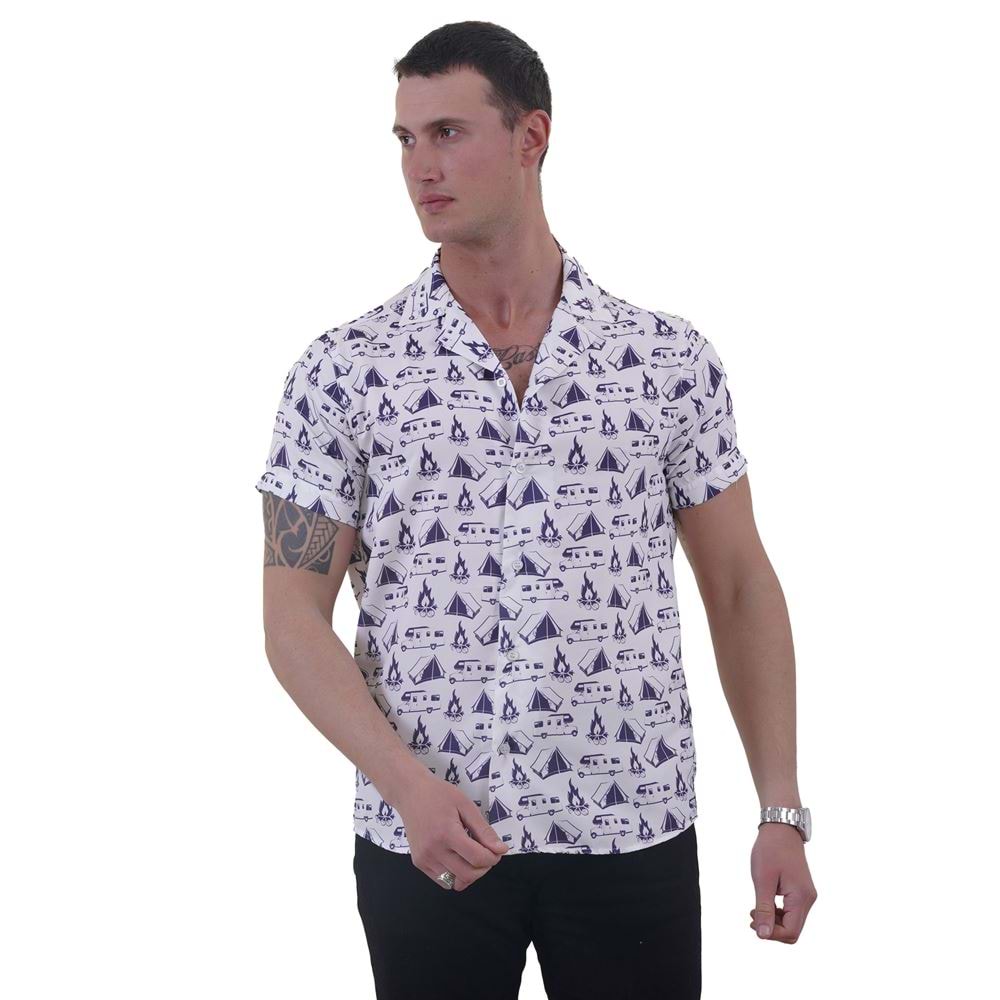 Navy White Happy Camper Nature Printed Men's Hawaiian Summer Shirt