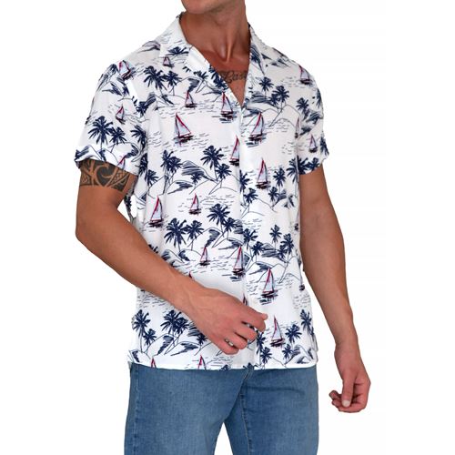 White and Blue Sailor Hawiian Natural Viscose Camp Collar Men's Hawaiian Summer Shirt