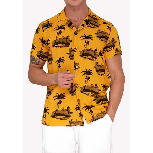 Mustard Black Hawiian Natural Viscose Camp Collar Men's Hawaiian Summer Shirt