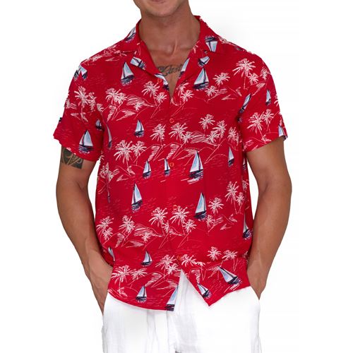 Red and Blue Sailor Hawiian Natural Viscose Camp Collar Men's Hawaiian Summer Shirt