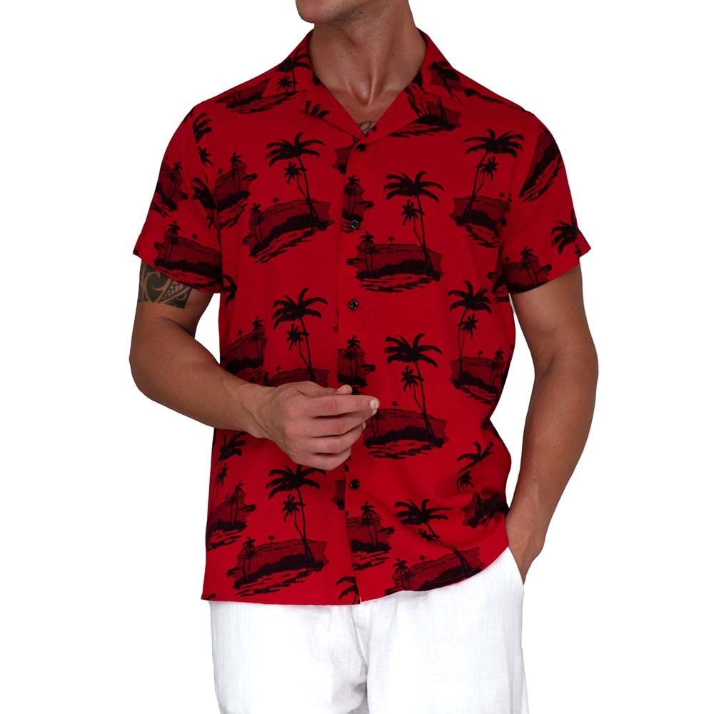 Red Black Hawiian Natural Viscose Camp Collar Men's Hawaiian Summer Shirt