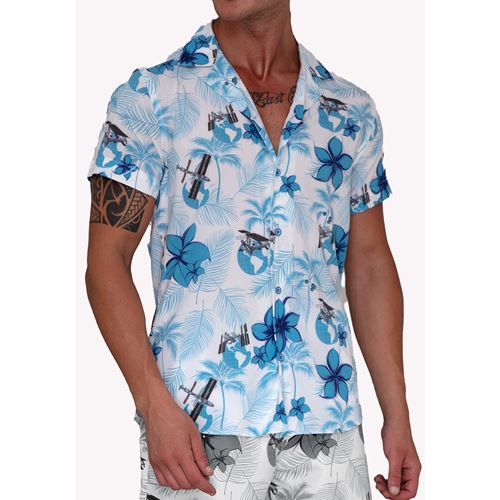 White Blue Floral Hawiian Natural Viscose Camp Collar Men's Hawaiian Summer Shirt