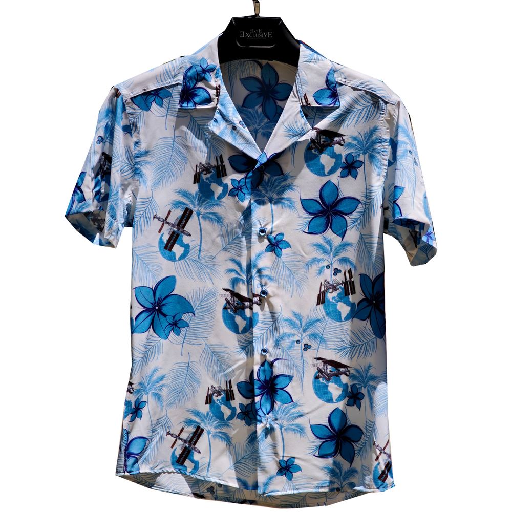 White Blue Floral Hawiian Natural Viscose Camp Collar Men's Hawaiian Summer Shirt