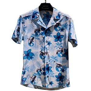 White Blue Floral Hawiian Natural Viscose Camp Collar Men's Hawaiian Summer Shirt