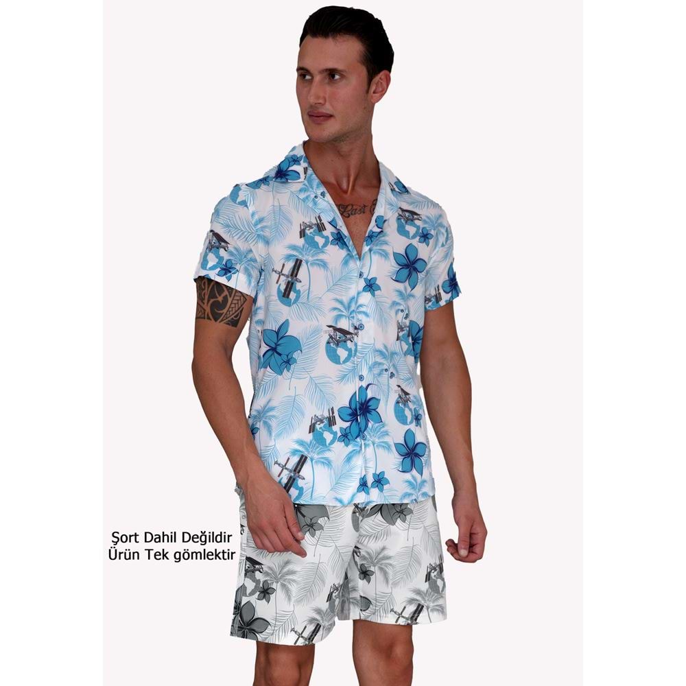 White Blue Floral Hawiian Natural Viscose Camp Collar Men's Hawaiian Summer Shirt