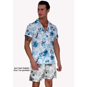 White Blue Floral Hawiian Natural Viscose Camp Collar Men's Hawaiian Summer Shirt