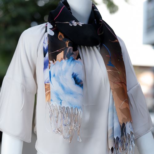 Navy Blue Brown Floral Woman Digital Printed Scarf