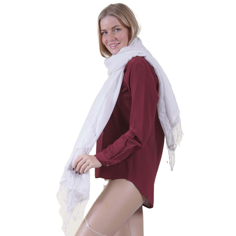 White Womens Fringed Scarf Long Size Full Viscose