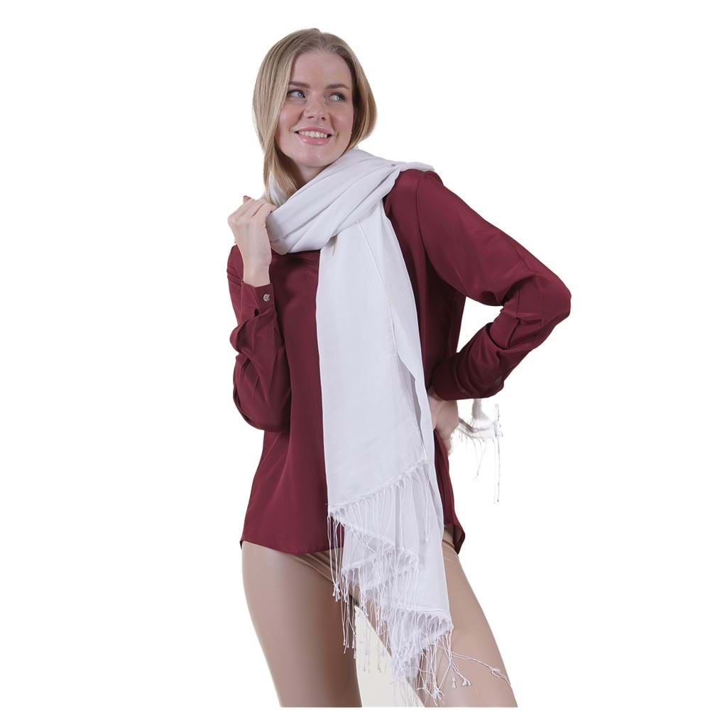 White Womens Fringed Scarf Long Size Full Viscose