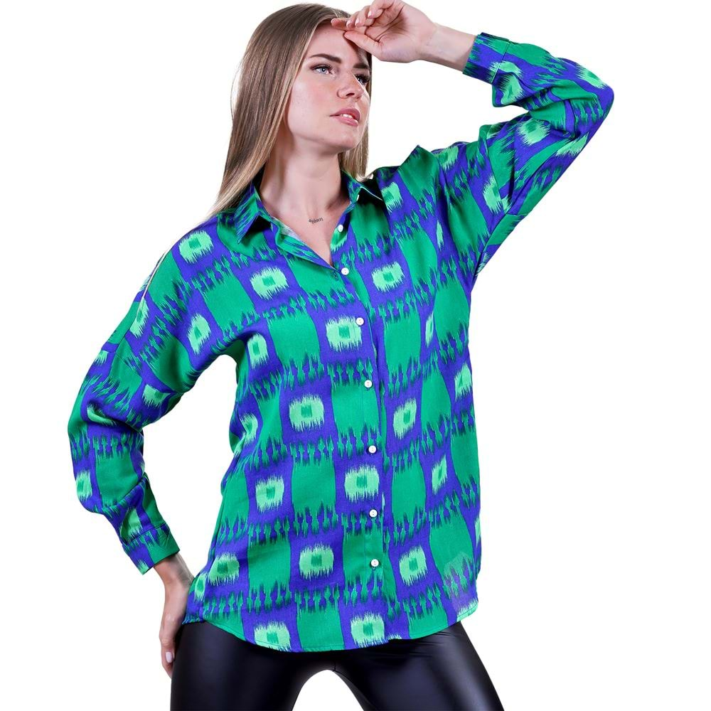 Blue and Green Ethnic Printed Oversize Women's Long Shirt