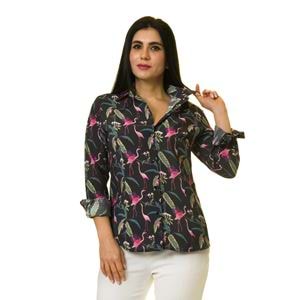 Flamingo Printed on Black Women's Shirt