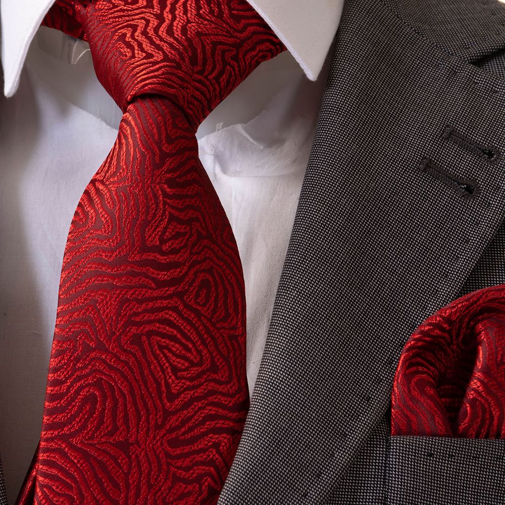 Red Designer Tie Pocket Square Set