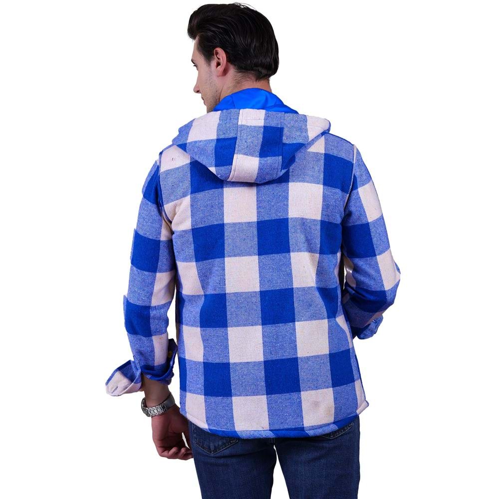 Sky Blue Beige Checkered Men's Fur Lined Jacket Shirt