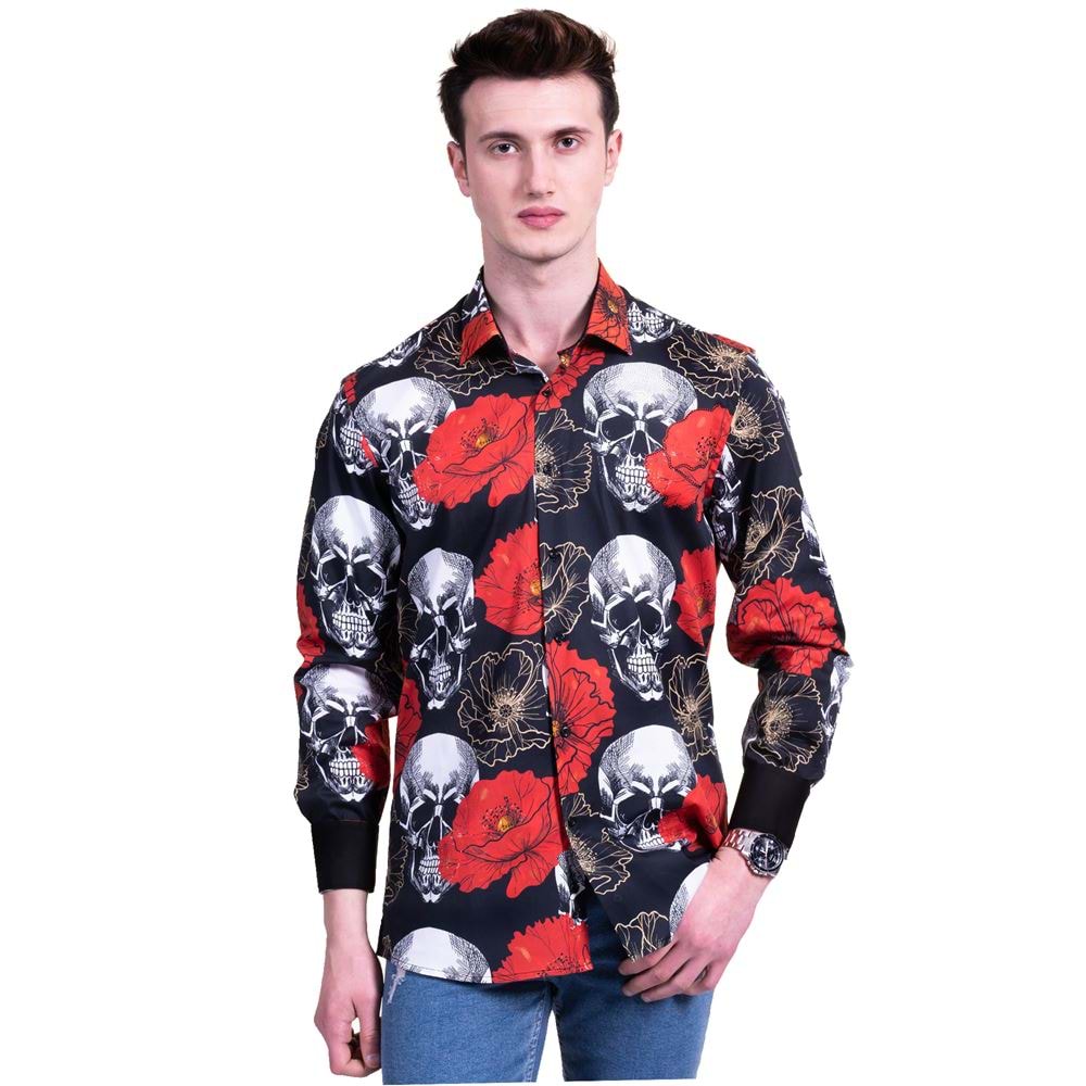 Red Floral with Skull Printed Vintage Men's Shirt