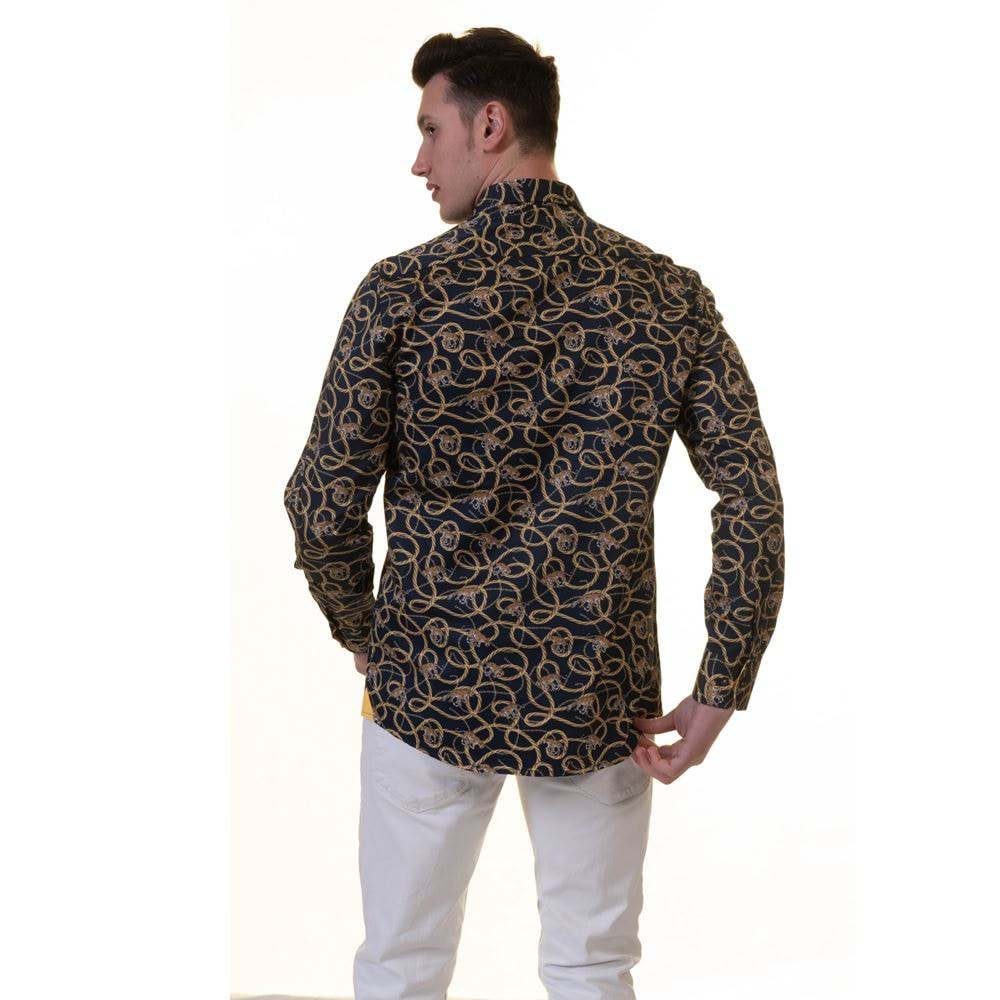 Navy Gold Leopard Printed Printed Cotton Men's Shirt