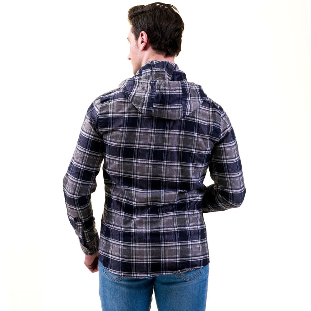 Navy Gray Plaid Double Pockets Wool Men's Hooded Shirt