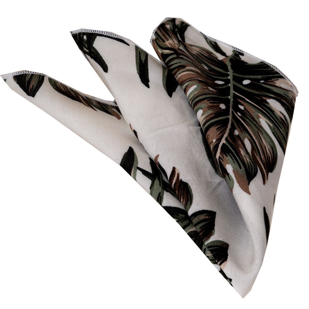 Off White Green Brownish Tropical Pocket Square