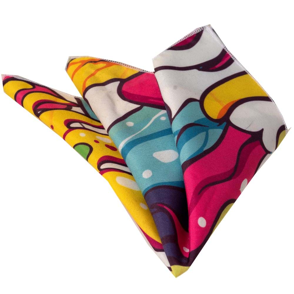 White with Colorful Print Pocket Square
