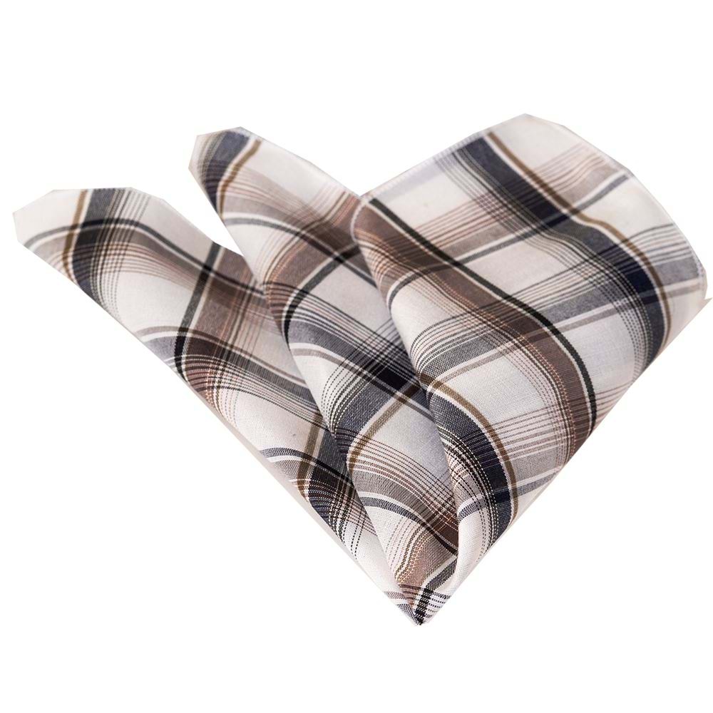 Brown Navy Blue Plaid Checked Cotton Handkerchief on White