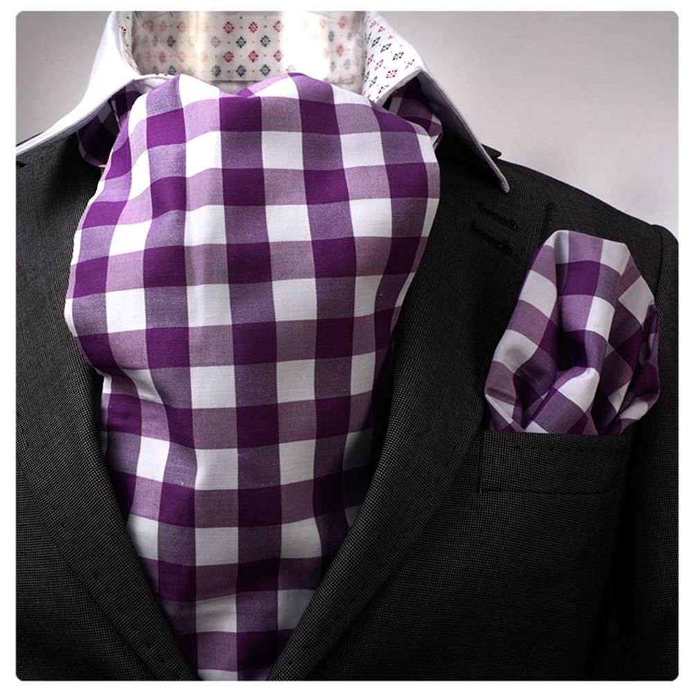 Purple White Squares Cravat Set