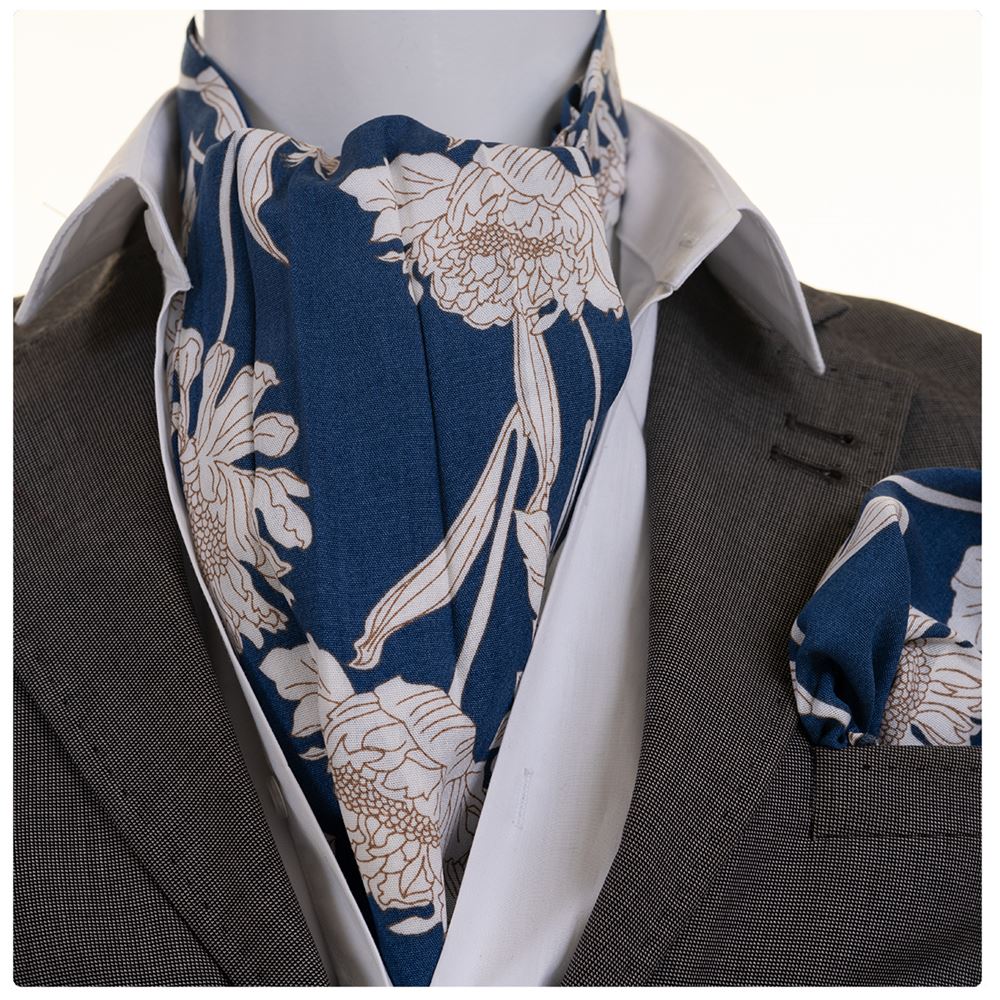 Brown and White Floral on Blue Ascot Hanky Set