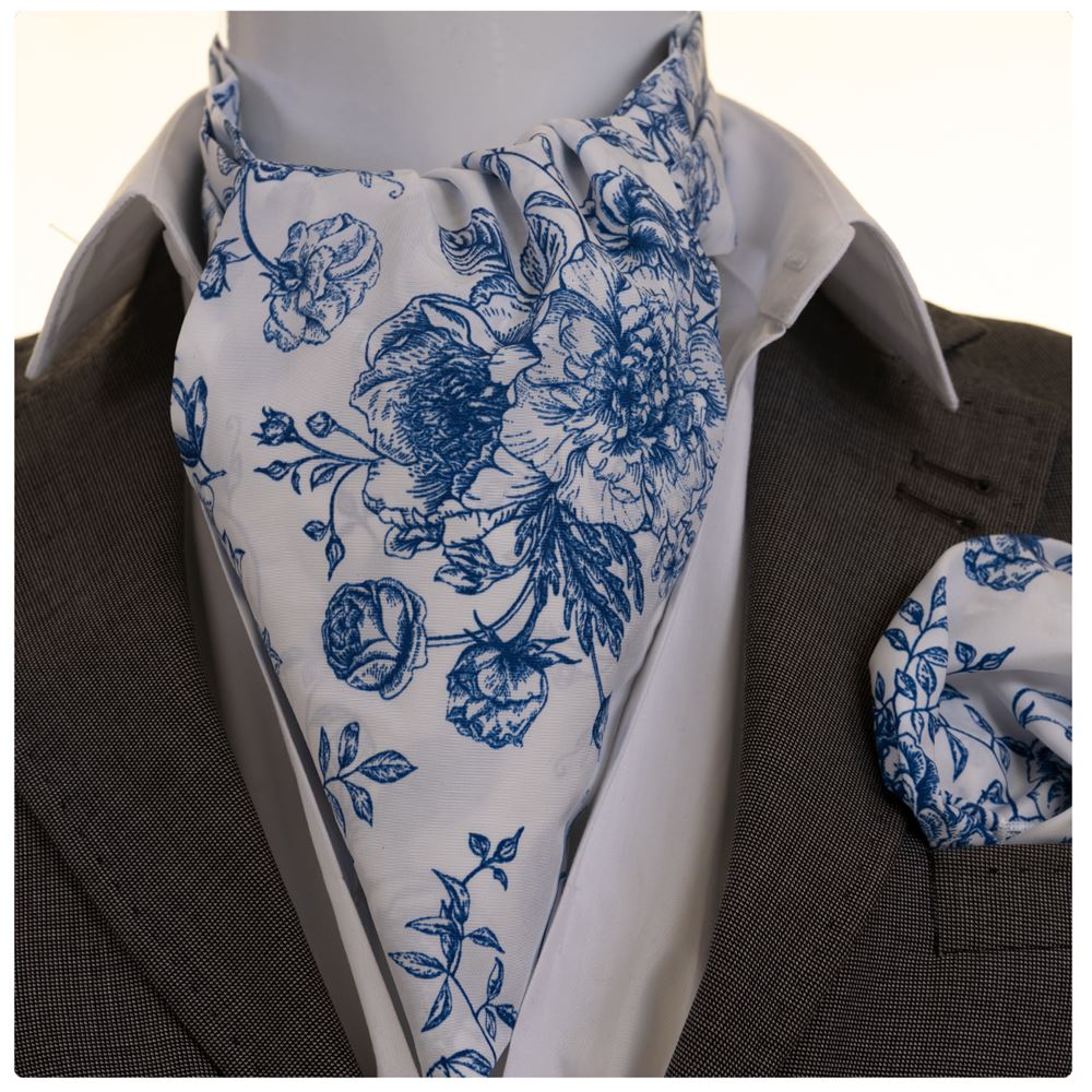 White and Blue Floral Ascot Hanky Set