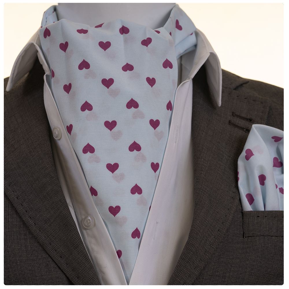Blue with Pink Hearts Ascot Hanky Set