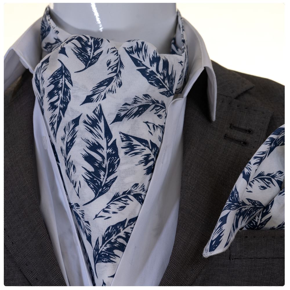 Blue and White Leaves Printed Ascot Hanky Set