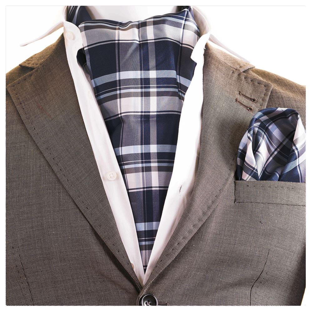 Navy and Beige Plaid Ascot Hanky Set