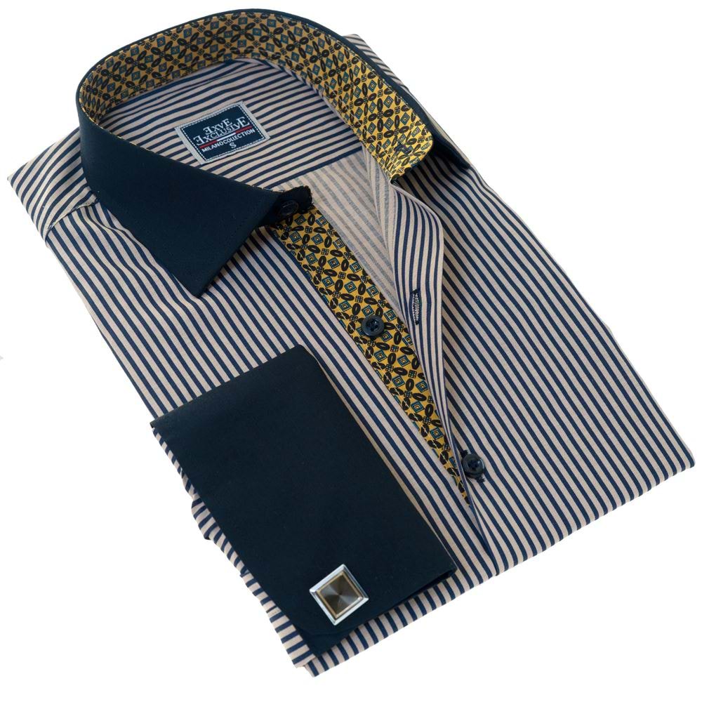 Beige & Blue Striped French Cuff Shirt