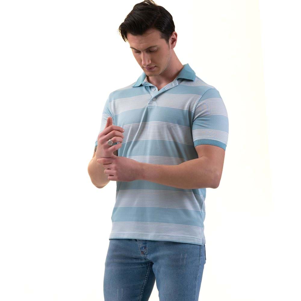 Turquoise White Striped Men's Polo Shirt