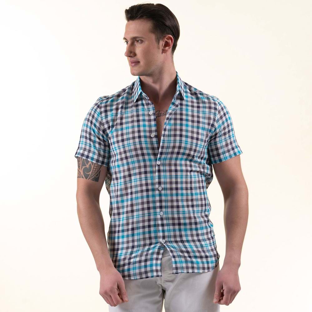 Blue Turquoise Plaid Summer Men's Short Sleeves Shirt