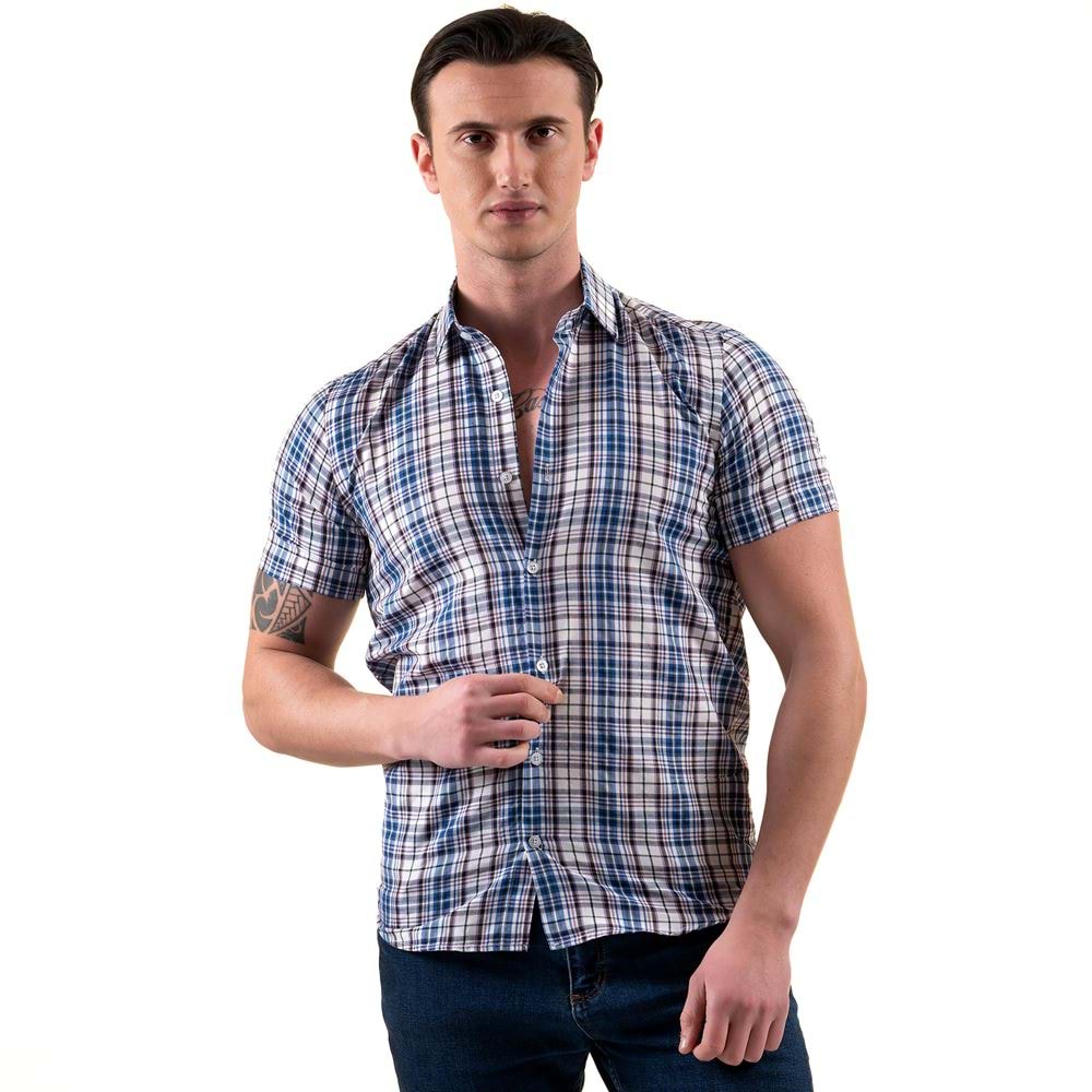 Lilac Blue Plaid Summer Men's Short Sleeves Shirt